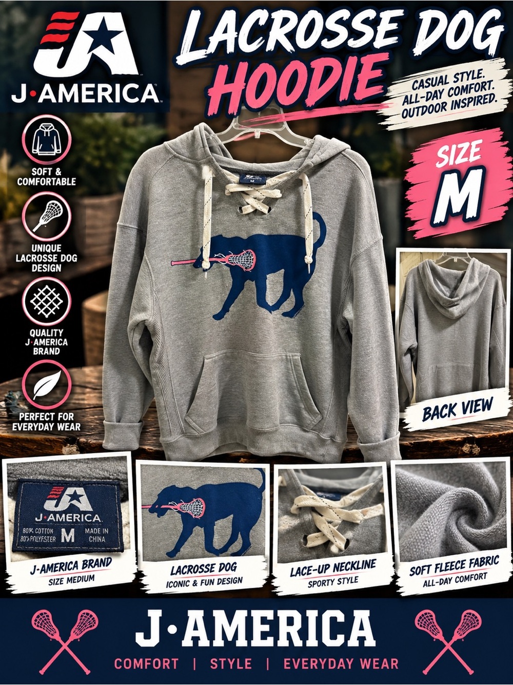 J America Lacrosse Dog Hoodie Women’s Medium Gray Lace Up Pullover